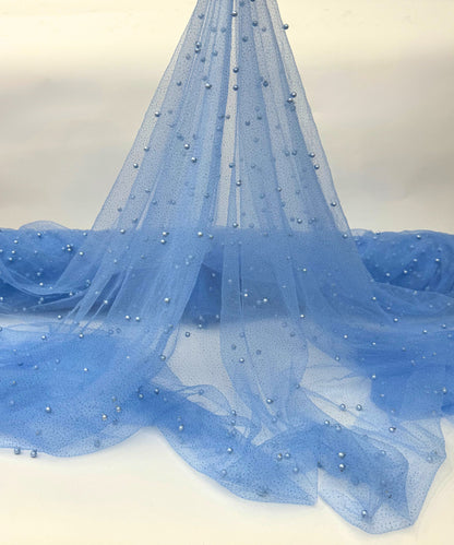 Blue Glitter Pearl Tulle Fabric, Blue Glitter Tulle Lace Fabric with Pearls for Dress, Veil, Table Runner, Scattered Pearls Studded Mesh