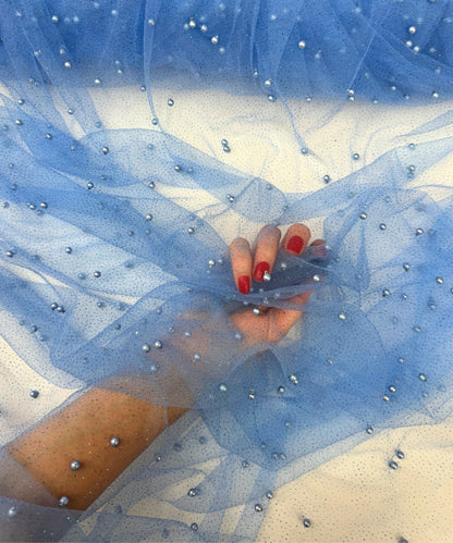 Blue Glitter Pearl Tulle Fabric, Blue Glitter Tulle Lace Fabric with Pearls for Dress, Veil, Table Runner, Scattered Pearls Studded Mesh