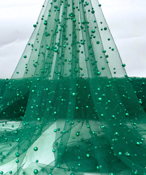 Emerald Green Pearl Tulle Fabric, Scattered Pearls Studded Mesh, Pink Tulle Lace Fabric with Pearls, 2-Way Stretch Pearl Beaded Tulle