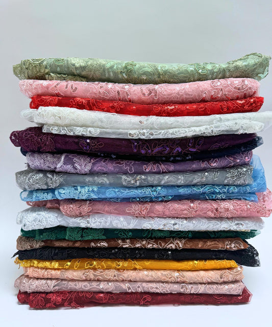 Floral Lace by the Yard, Embroidered Lace Fabric with Sequins, Floral Embroidery on Mesh Lace Fabric Embroidery with Sequins on Mesh