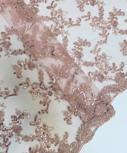 Dusty Rose Sequin Lace Fabric