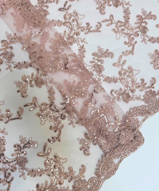 Dusty Rose Sequin Lace Fabric