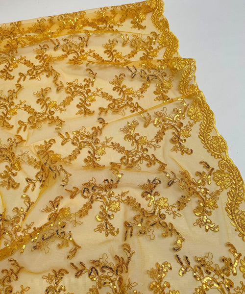 Yellow Sequin Lace Fabric