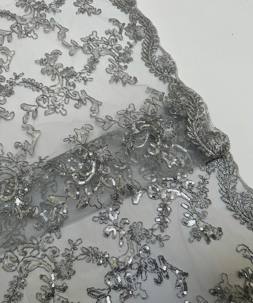 Metallic Silver Sequin Lace Fabric