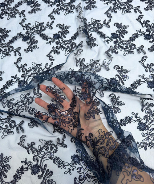 Navy Blue Sequin Lace Fabric