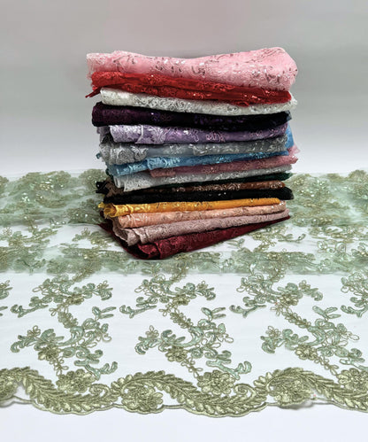 Floral Lace by the Yard, Embroidered Lace Fabric with Sequins, Floral Embroidery on Mesh Lace Fabric Embroidery with Sequins on Mesh