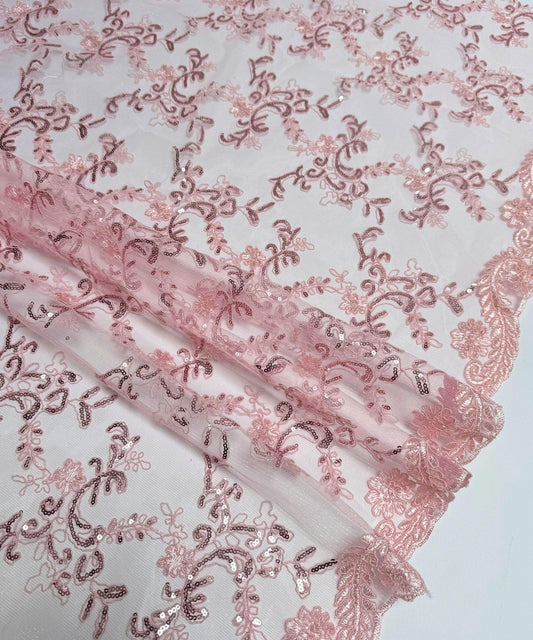 Baby Pink Sequin Lace Fabric