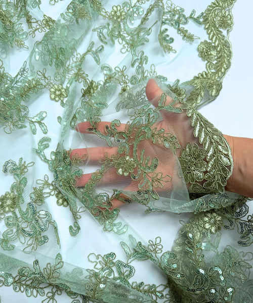 Sage Green Sequin Lace Fabric