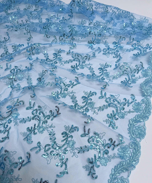 Baby Blue Floral Lace by the Yard Embroidered Light Blue Lace Fabric with Sequins, Baby Blue Lace Fabric Embroidery with Sequins on Mesh