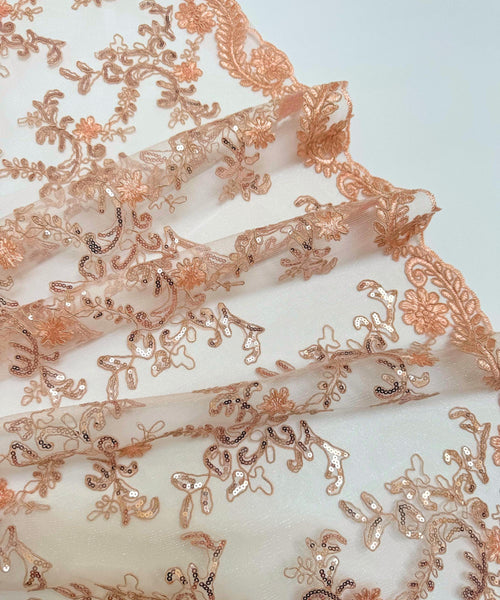 Coral Sequin Lace Fabric