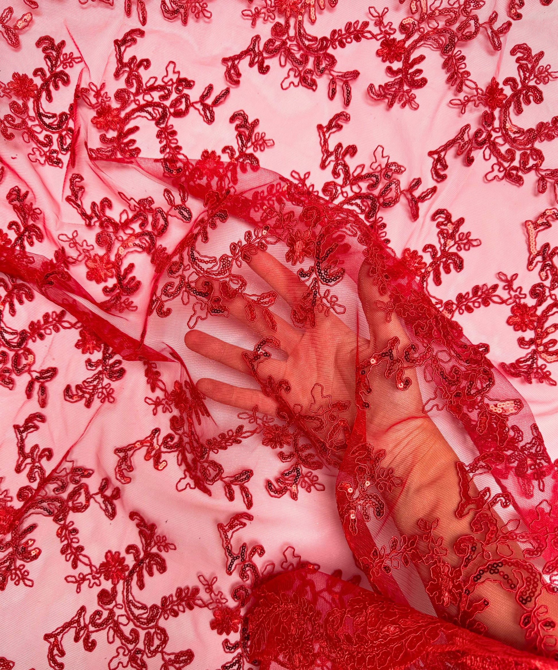 Red Sequin Lace Fabric