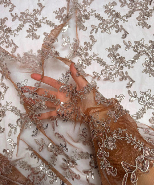 Metallic Brown Sequin Lace Fabric