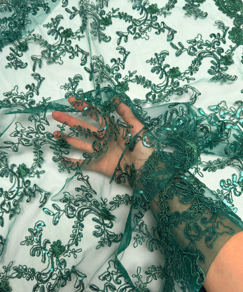Hunter Green Floral Lace by the Yard, Embroidered Hunter Green Lace Fabric with Sequins, Emerald Green Lace Fabric Embroidery with Sequins