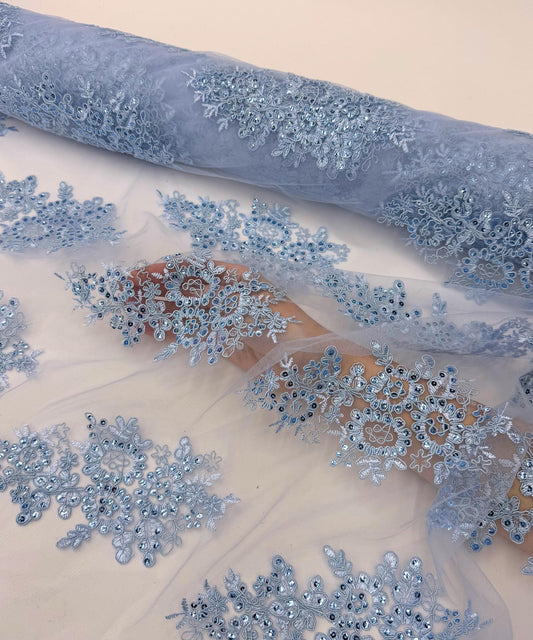 Baby Blue Floral Lace by the Yard, Embroidered Light Blue Lace Fabric with Sequins, Blue Lace Embroidery with Sequins on Mesh Lace Fabric