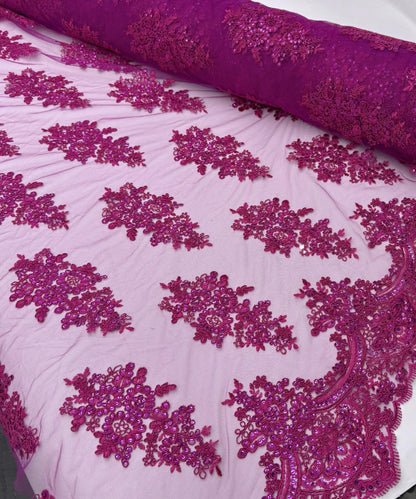 Magenta Floral Lace by the Yard, Embroidered Magenta Lace Fabric with Sequins, Magenta Lace Embroidery with Sequins on Mesh Lace Fabric