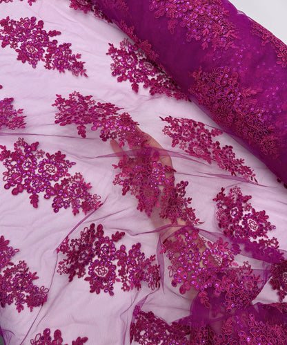 Magenta Floral Lace by the Yard, Embroidered Magenta Lace Fabric with Sequins, Magenta Lace Embroidery with Sequins on Mesh Lace Fabric