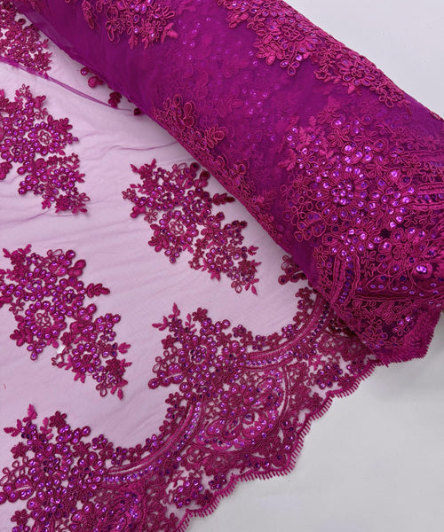 Magenta Floral Lace by the Yard, Embroidered Magenta Lace Fabric with Sequins, Magenta Lace Embroidery with Sequins on Mesh Lace Fabric