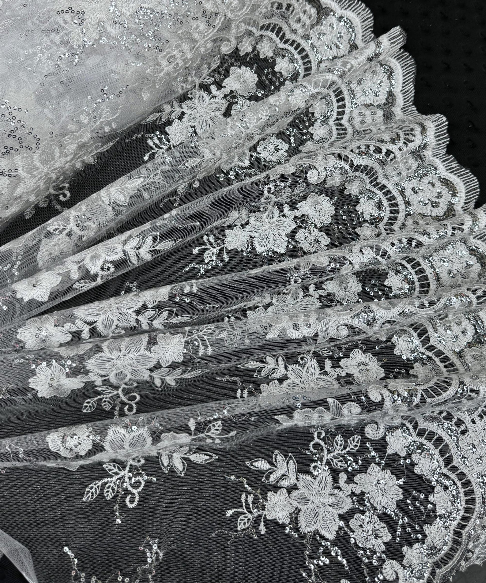 White Floral Embroidered Lace with Scalloped Edges
