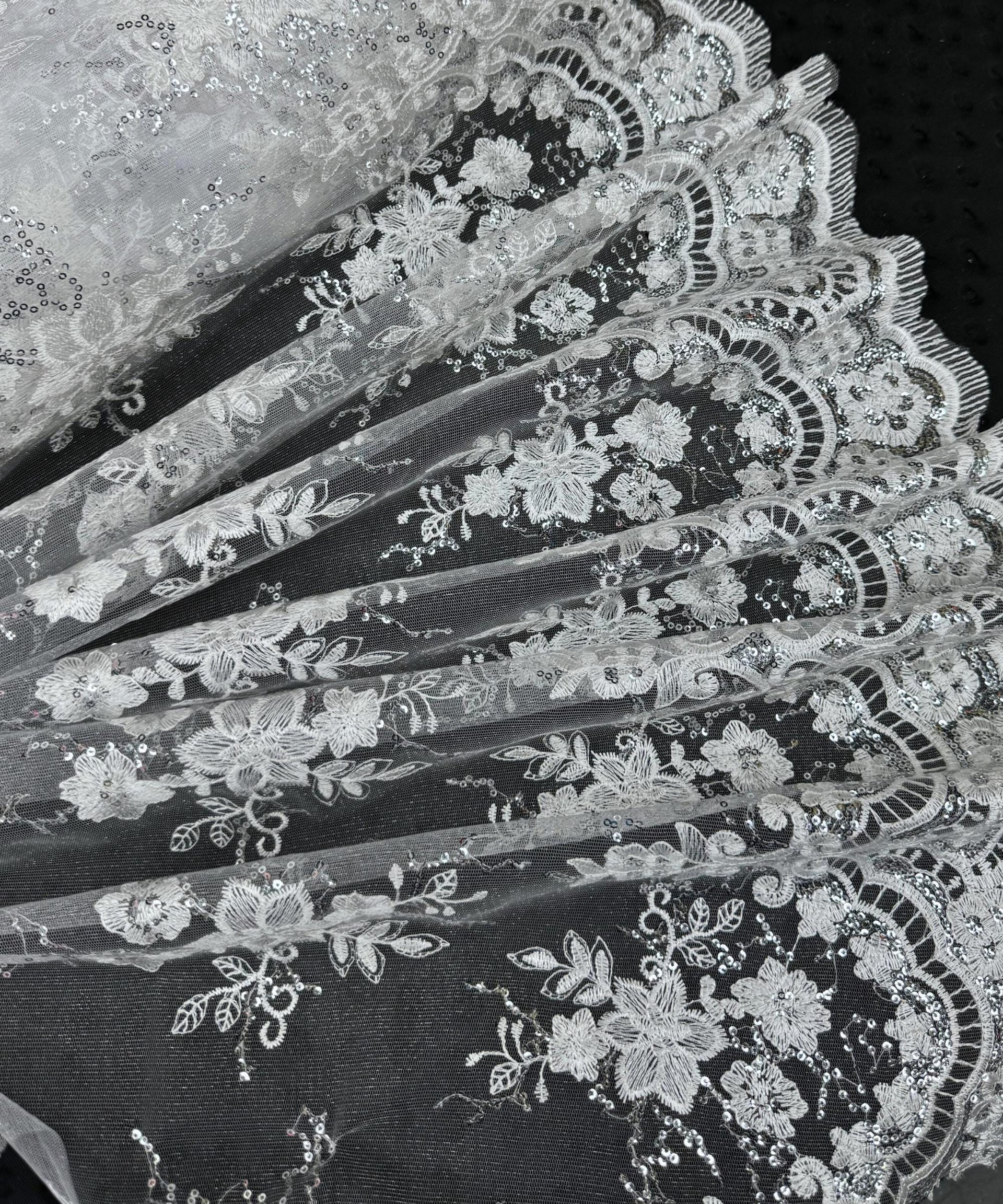 White Floral Embroidered Lace with Scalloped Edges