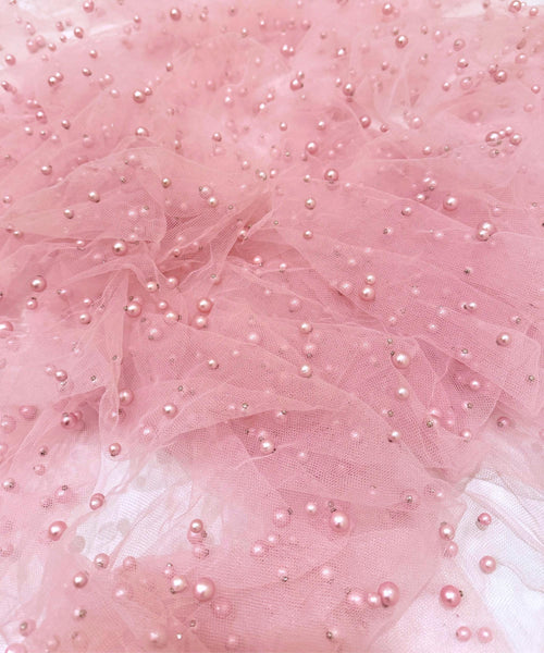 Pink Pearl Tulle Fabric, Scattered Pearls Studded Mesh, Pink Tulle Lace Fabric with Pearls, 2-Way Stretch Pearl Beaded Tulle