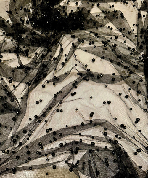 Black Pearl Tulle Fabric, Scattered Pearls Studded Mesh, Pink Tulle Lace Fabric with Pearls, 2-Way Stretch Pearl Beaded Tulle