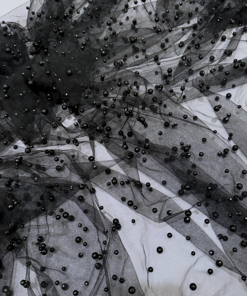 Black Scattered Pearls Studded Mesh, Black Pearl Tulle Fabric, Black Tulle Lace Fabric with Pearls, Stretch Black Beaded Tulle Pearl Lace