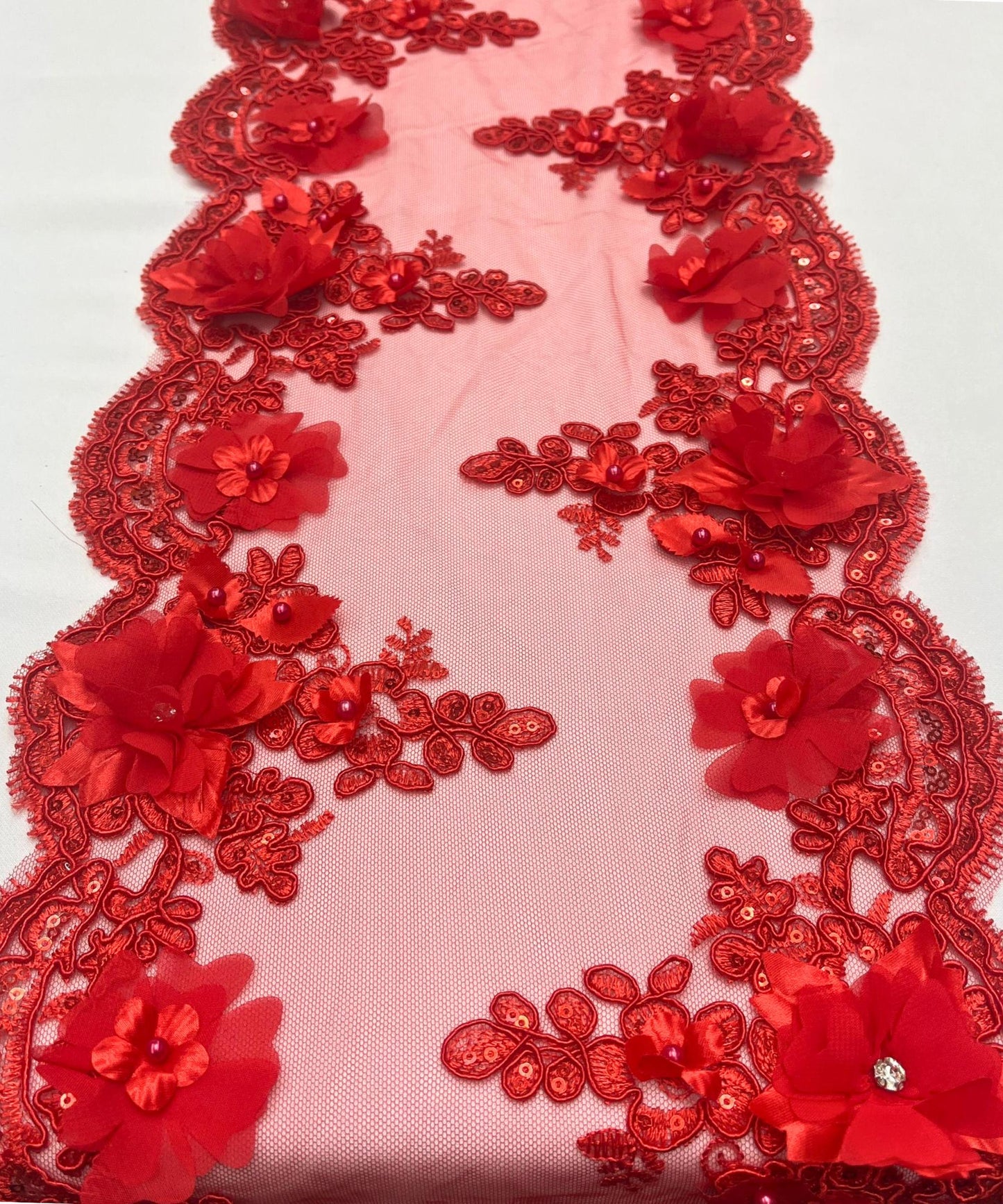 Red Beaded Lace Table Runner with Pearls and Sequins, 3D Embroideries on Lace Fabric, Trim Lace  Embroidered Table Runner