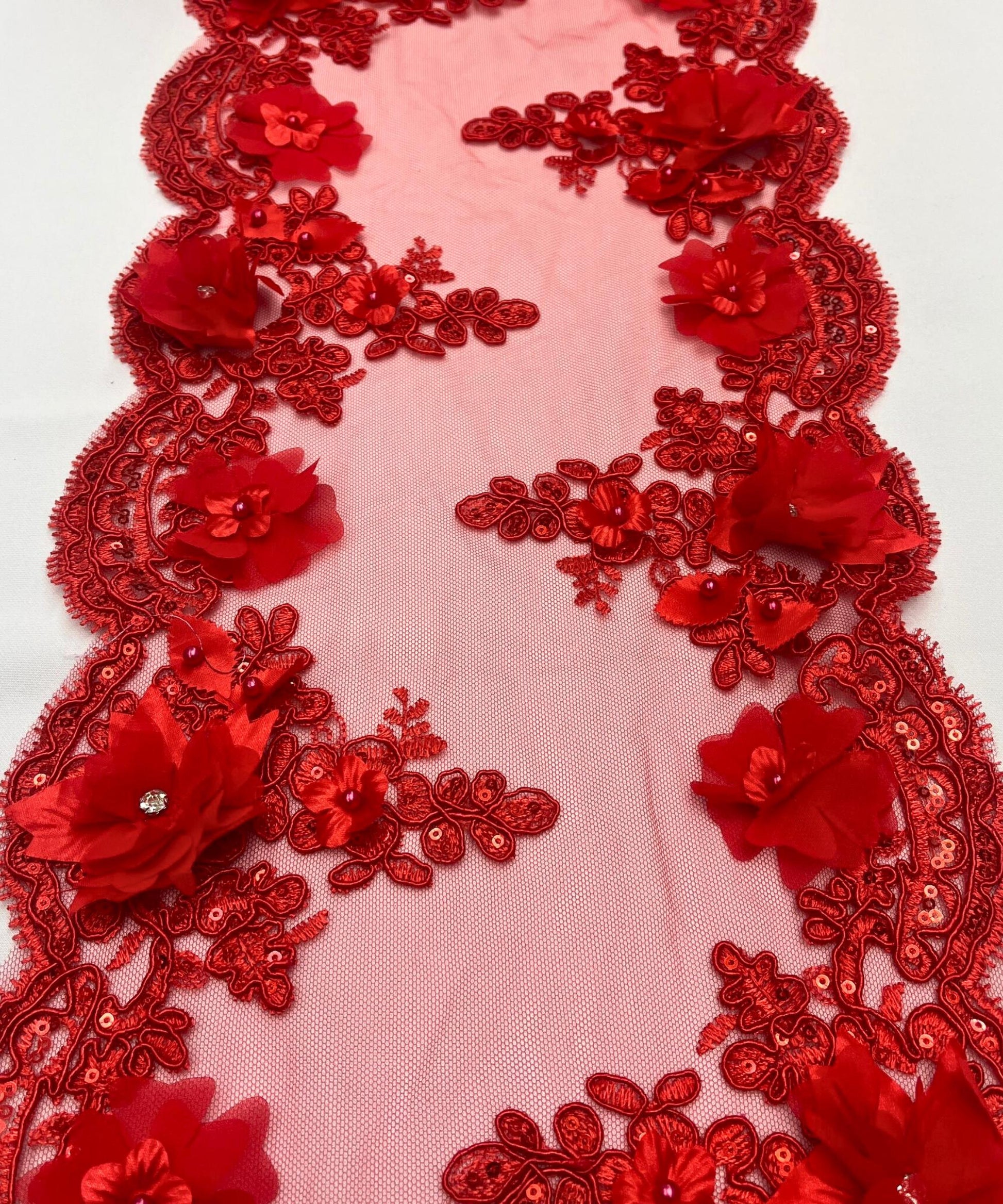 Red Beaded Lace Table Runner with Pearls and Sequins, 3D Embroideries on Lace Fabric, Trim Lace  Embroidered Table Runner