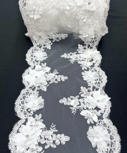 White Beaded Lace Table Runner with Pearls and Crystals, 3D Embroidered Lace Fabric, Trim Lace, 22" Wide Embroidered Beaded Table Runner