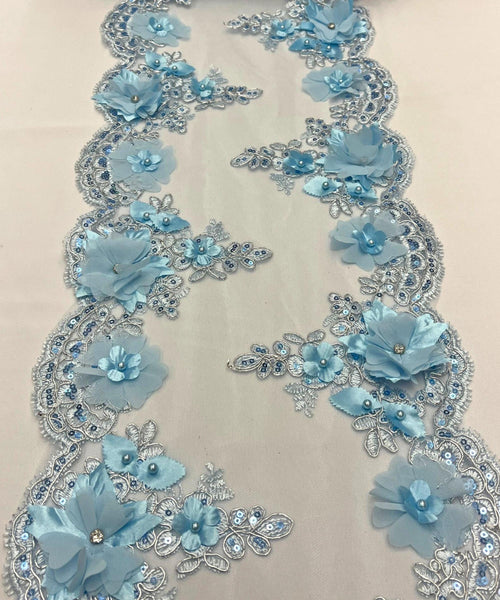 Baby Blue Beaded Lace Table Runner with Pearls and Sequins, 3D Embroideries on Lace Fabric, Trim Lace  Embroidered Table Runner