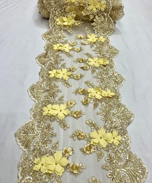 Champagne Beaded Lace Table Runner with Pearls and Sequins, 3D Embroideries on Lace Fabric, Trim Lace  Embroidered Table Runner