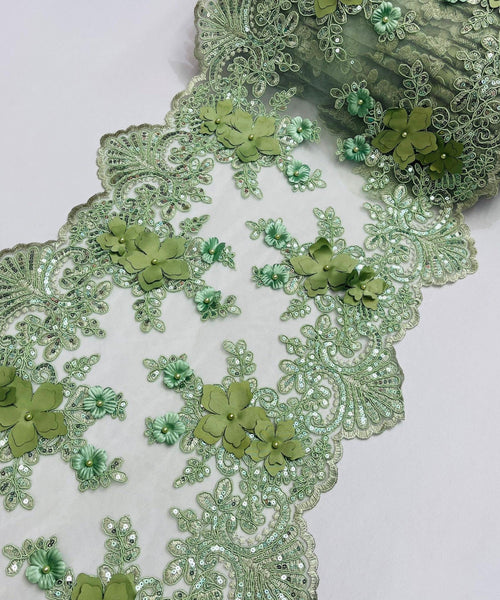 Sage Green Beaded Lace Table Runner with Pearls and Sequins, 3D Embroideries on Lace Fabric, Trim Lace  Embroidered Table Runner