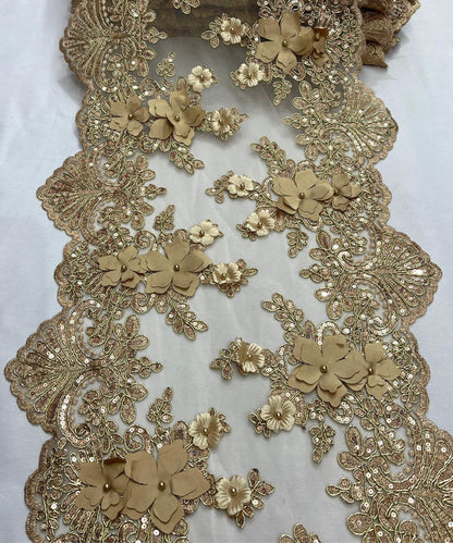 Gold Beaded Lace Table Runner with Pearls and Sequins, 3D Embroideries on Lace Fabric, Trim Lace  Embroidered Table Runner