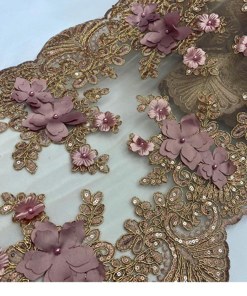 Rose Gold Beaded Lace Table Runner with Pearls and Sequins, 3D Embroideries on Lace Fabric, Trim Lace  Embroidered Table Runner