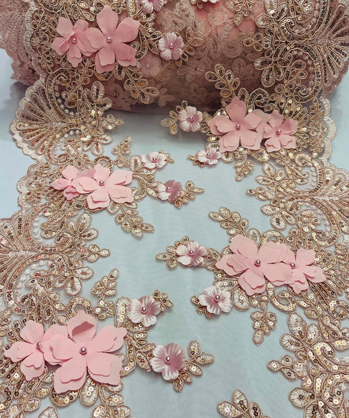 Blush Pink Beaded Lace Table Runner with Pearls and Sequins, 3D Embroideries on Lace Fabric, Trim Lace  Embroidered Table Runner
