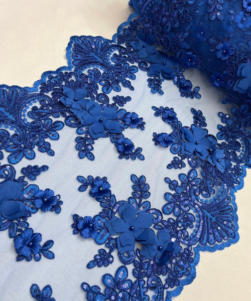 Royal Blue Beaded Lace Table Runner with Pearls and Sequins, 3D Embroideries on Lace Fabric, Trim Lace  Embroidered Table Runner