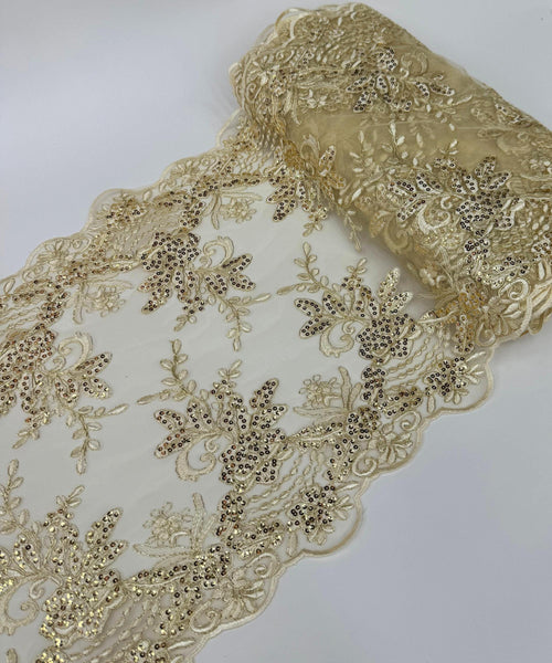 Gold Floral Lace Fabric for Table Runner, Sequins Embroidered Lace on Mesh Fabric, Trim Lace, 14" Wide Gold Embroidered Table Runner