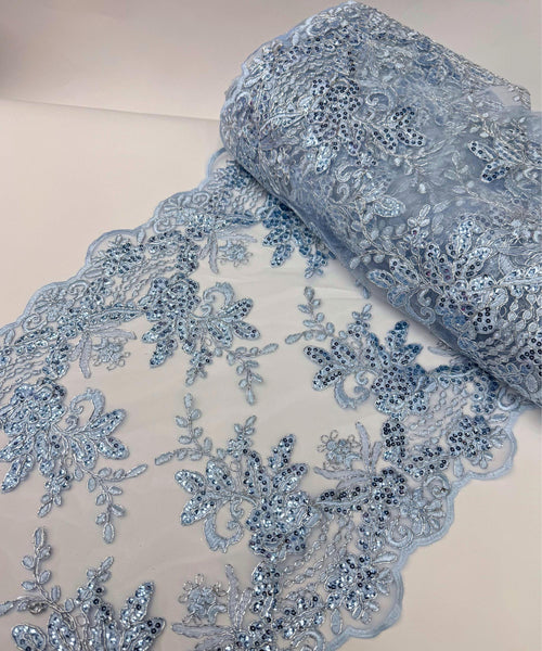 Baby Blue Lace Fabric for Table Runner, Embroidery with Sequin on Lace Mesh Fabric, Lace Trim,  Embroidered Scalloped Table Runner
