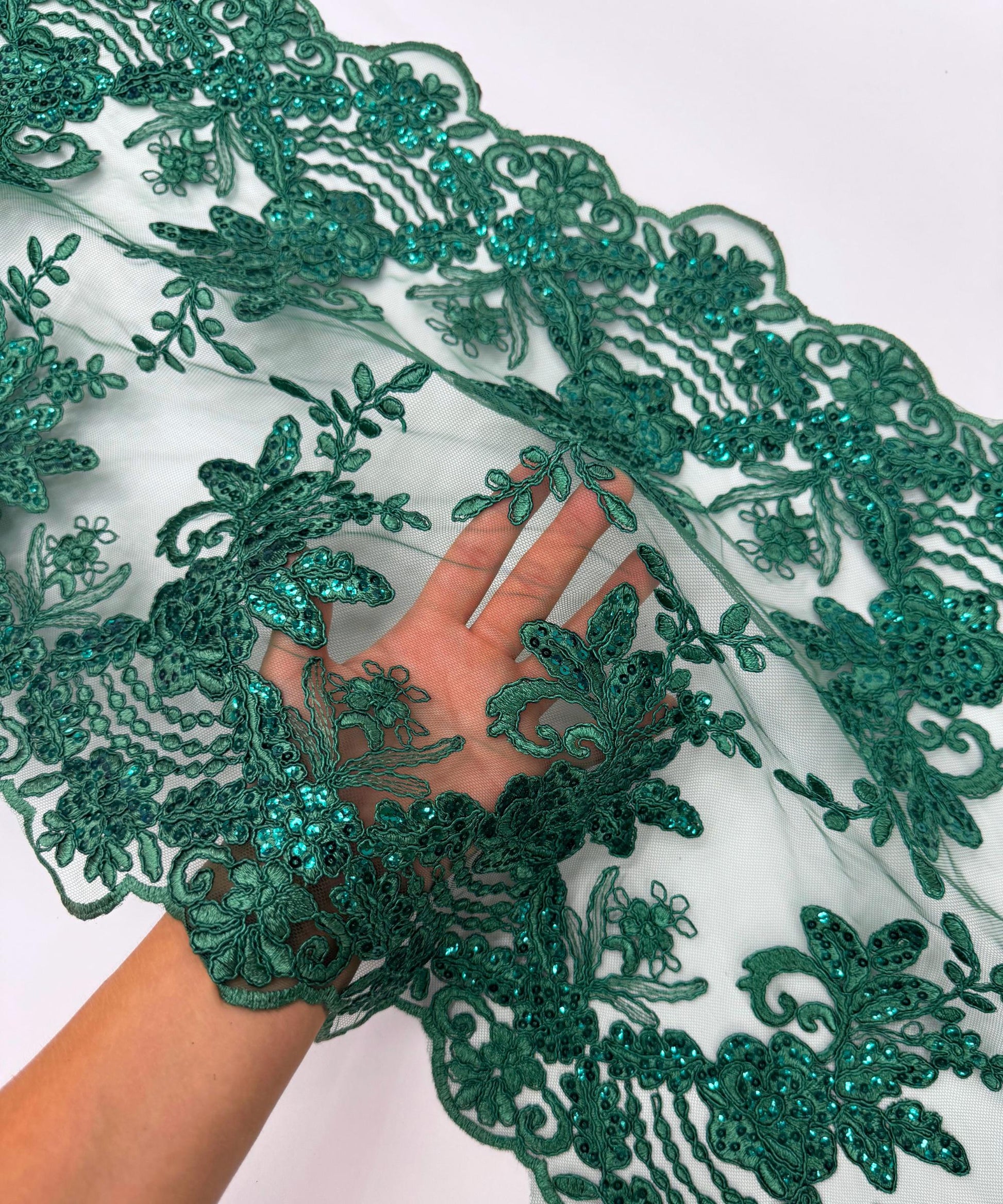 Hunter Green Sequin Lace Fabric for Table Runner