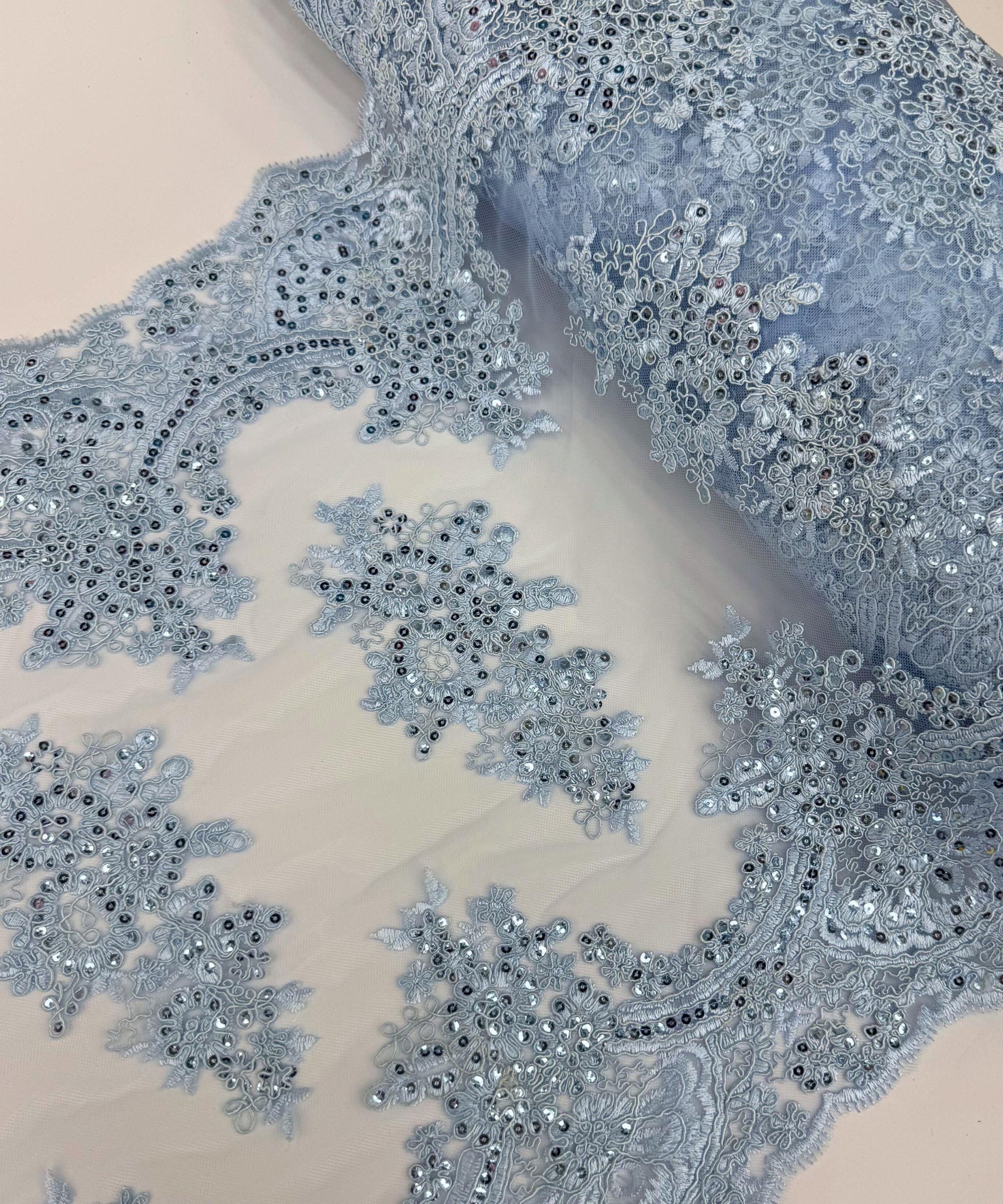 Baby Blue Sequin Lace Fabric for Table Runner