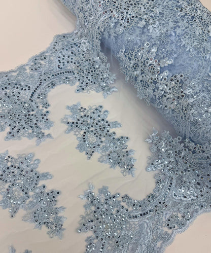 Baby Blue Sequin Lace Fabric for Table Runner
