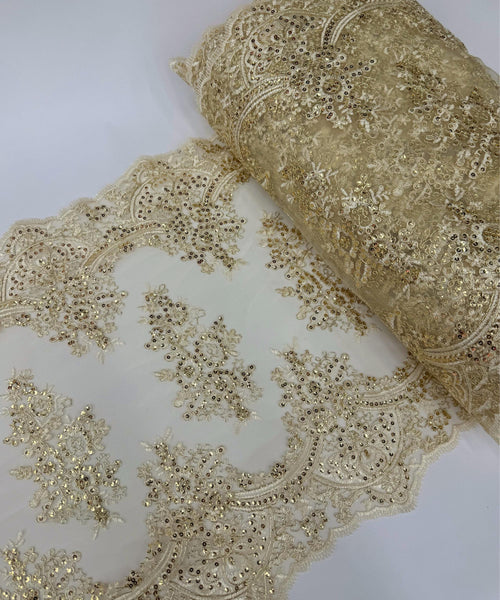 Champagne Lace Fabric for Table Runner, Embroidery with Sequin on Lace Mesh Fabric, Lace Trim, 20" Wide Embroidered Scalloped Table Runner
