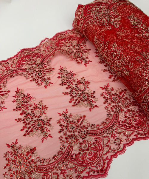 Red Lace Fabric for Table Runner, Embroidery with Sequin on Lace Mesh Fabric, Lace Trim, 20" Wide Red Embroidered Scalloped Table Runner