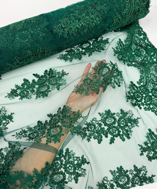 Hunter Green Embroidered Floral Bridal Lace