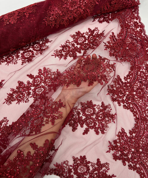 Burgundy Embroidered Floral Bridal Lace