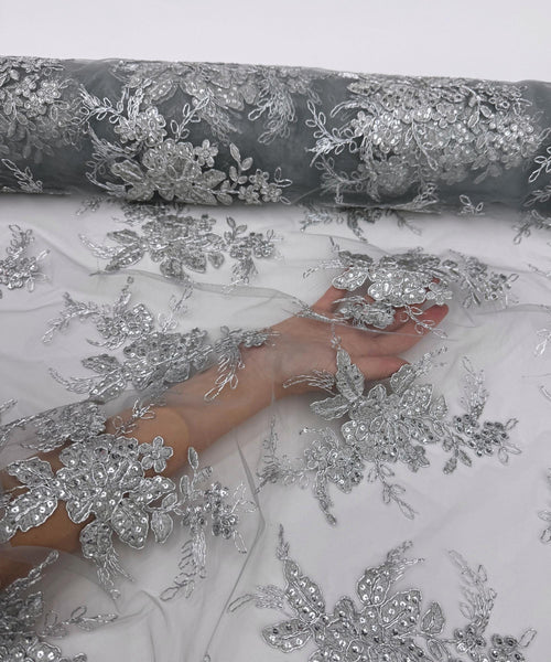 Silver Embroidered Floral Bridal Lace