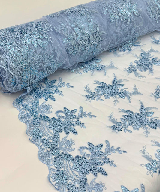 Baby Blue Floral Lace by the Yard, Embroidered Light Blue Lace Fabric with Sequins, Floral Bridal Lace Fabric for Tablecloth Dress Costumes