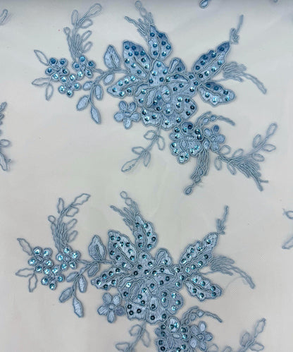Baby Blue Floral Lace by the Yard, Embroidered Light Blue Lace Fabric with Sequins, Floral Bridal Lace Fabric for Tablecloth Dress Costumes