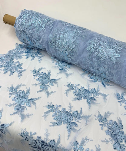 Baby Blue Floral Lace by the Yard, Embroidered Light Blue Lace Fabric with Sequins, Floral Bridal Lace Fabric for Tablecloth Dress Costumes