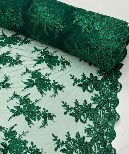 Hunter Green Floral Lace by the Yard, Embroidered Hunter Green Lace Fabric with Sequins, Green Lace Embroidery with Sequins on Mesh Lace